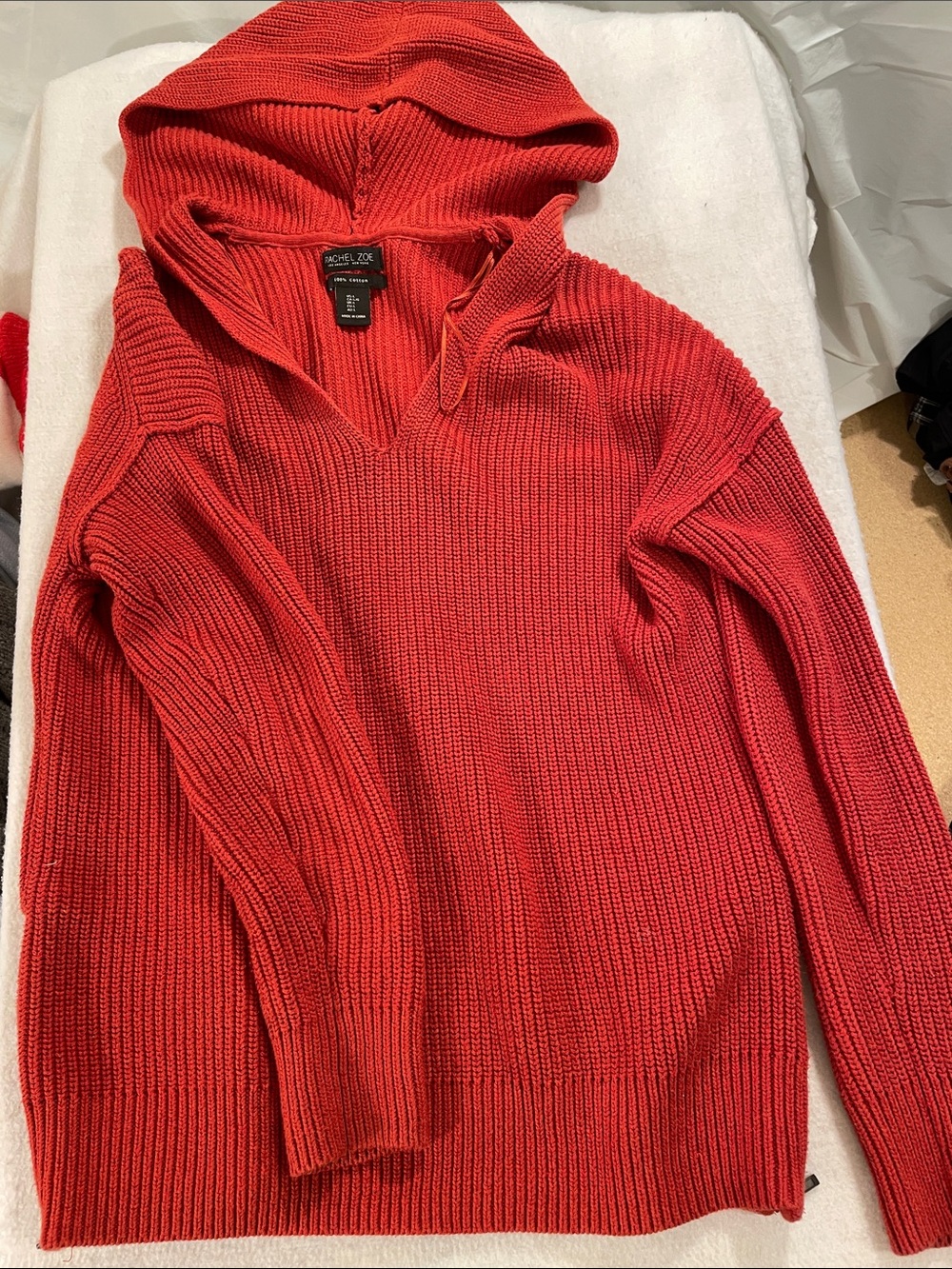 Rachel Zoe Rust Ribbed Hooded Scoop Sweater with Side Zipper Detail